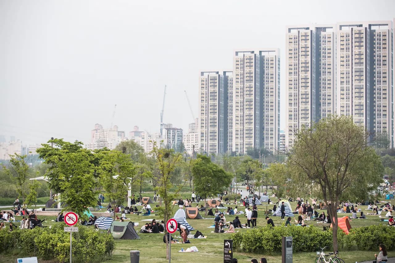 People relaxing on the grass at Banpo Han River Park with riverside towers behind