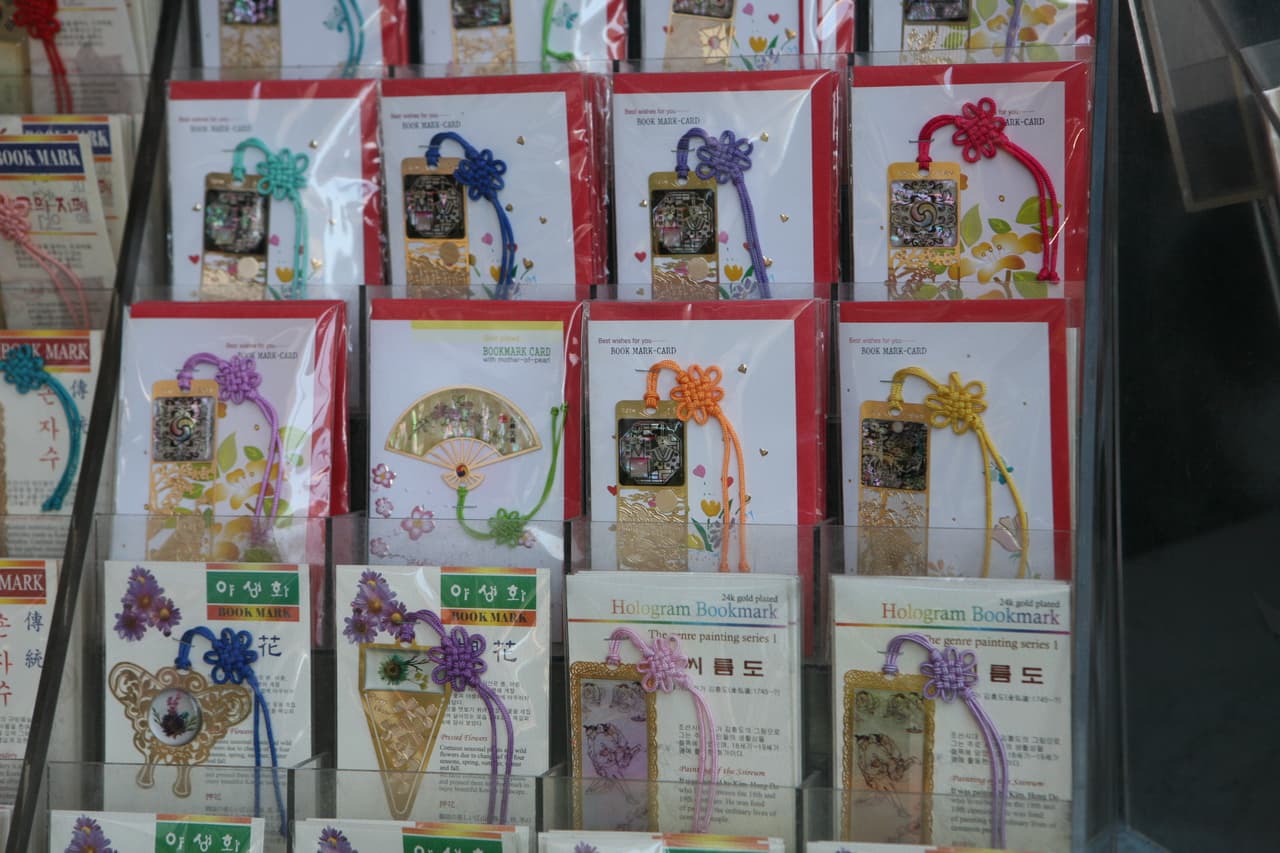 A shop window display of traditional Korean bookmarks and crafts in Insadong, Seoul