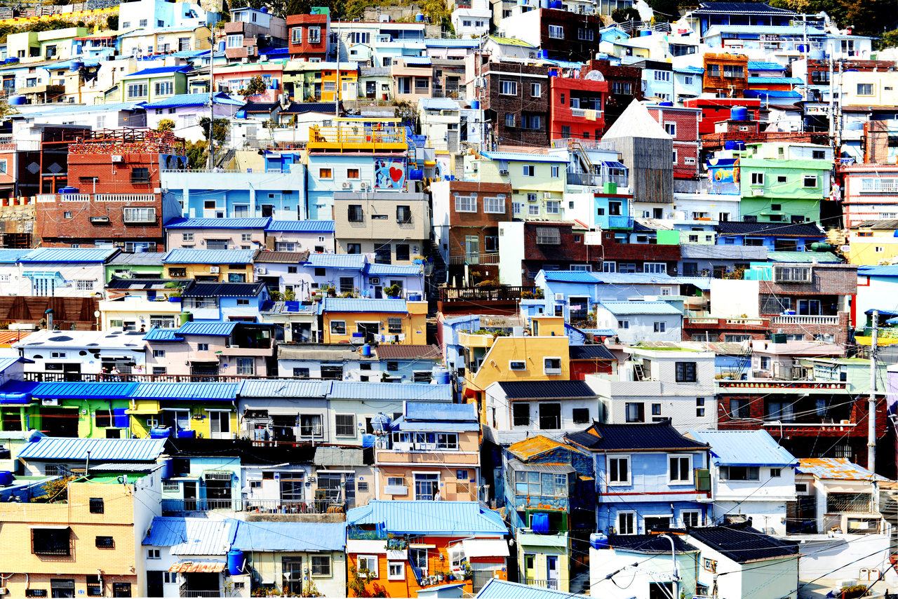 The colorful tightly-packed hillside houses of Gamcheon Culture Village in Busan