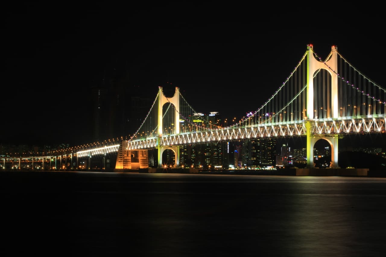 The illuminated Gwangan Bridge over the water at night, Busan