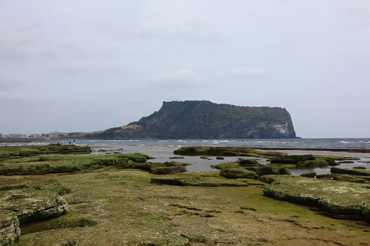 Seongsan Ilchulbong tuff cone rising over the volcanic rock coast of Jeju Island