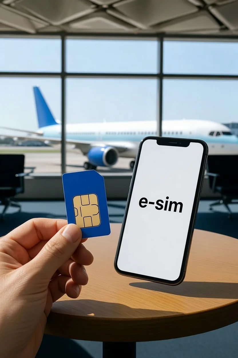 A hand holding a plain physical SIM card beside a smartphone whose screen reads e-sim, in an airport waiting area