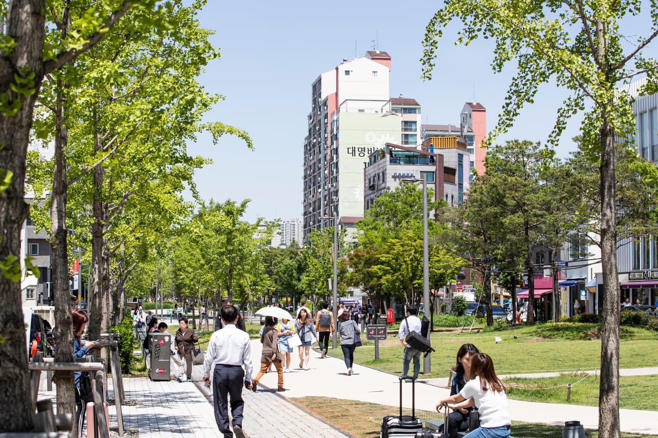 Trees and a walking path along the Gyeongui Line Forest Park in Yeonnam-dong, Seoul