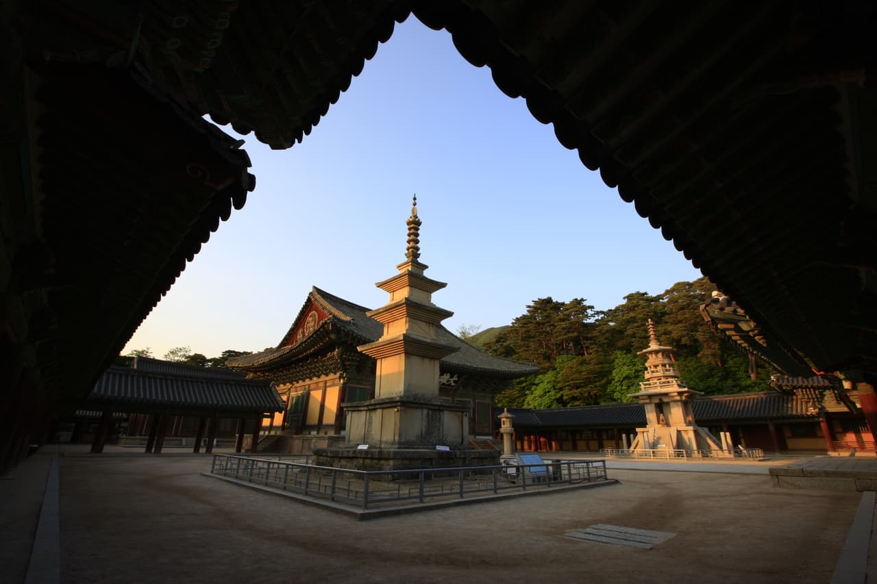 The two stone pagodas in the main courtyard of Bulguksa temple, Gyeongju