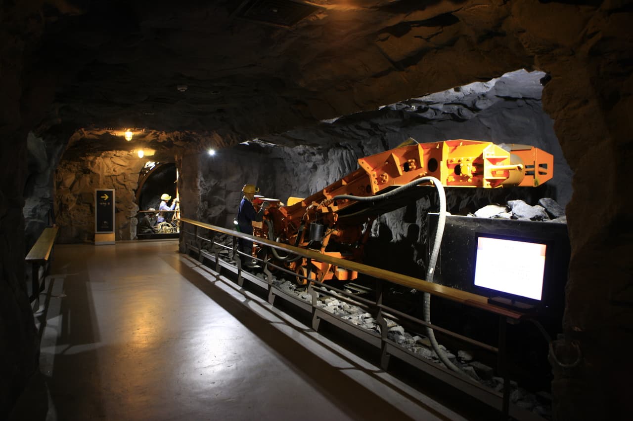 Coal-mining machinery displayed in a recreated mine tunnel at the Taebaek Coal Museum