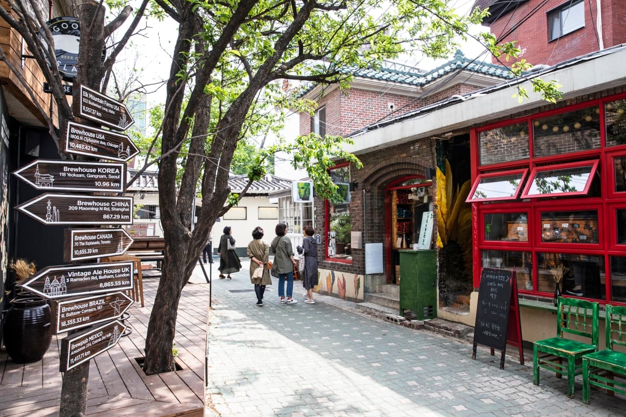 A hanok-lined lane with cafes in the Ikseondong area of Seoul