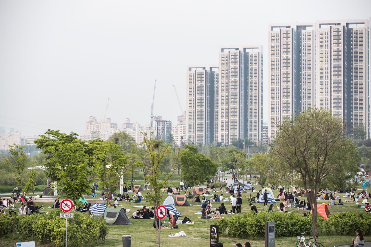 A grassy Han River park with people relaxing and apartment towers behind on a hazy day