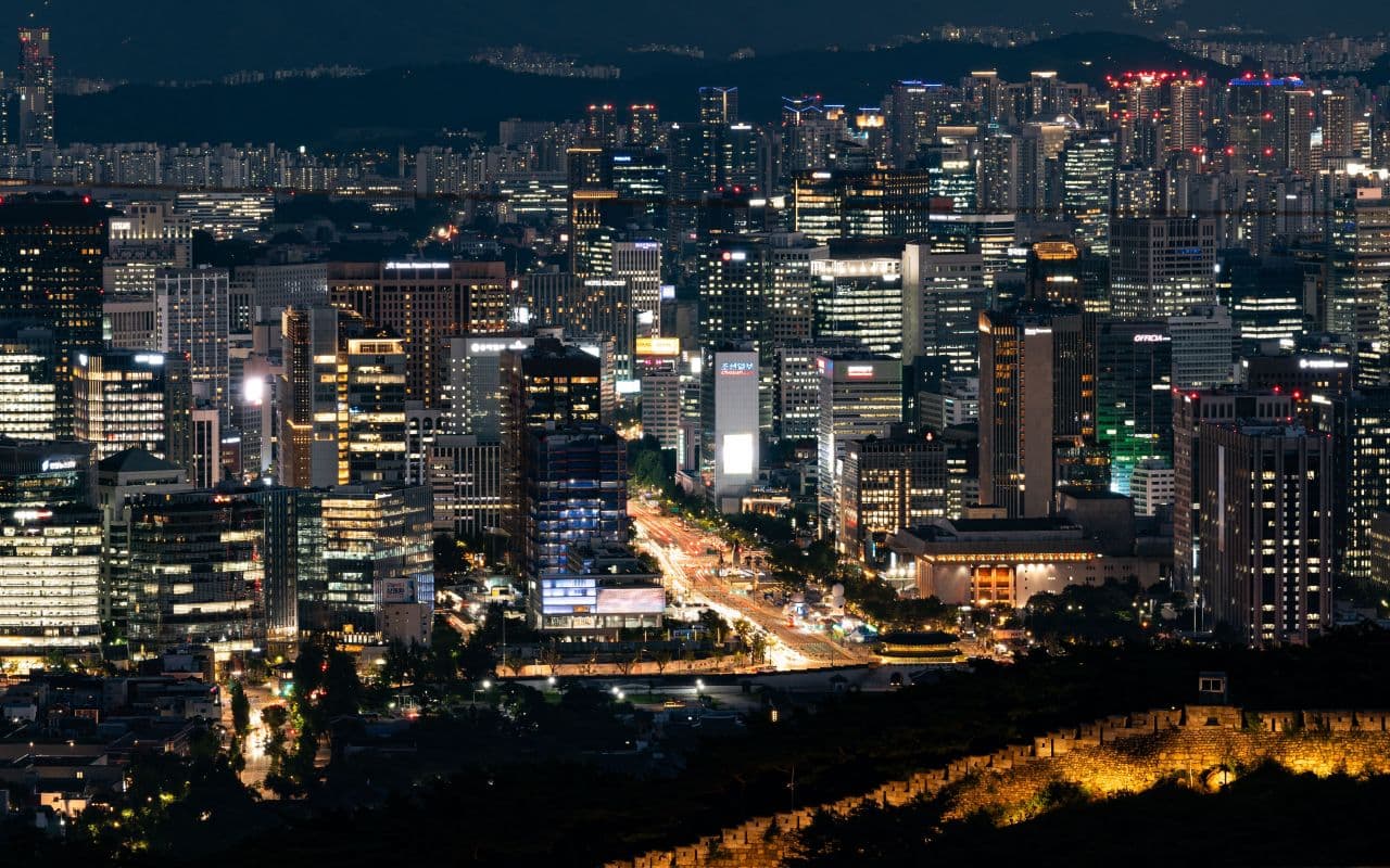 The glittering night skyline of central Seoul seen from above