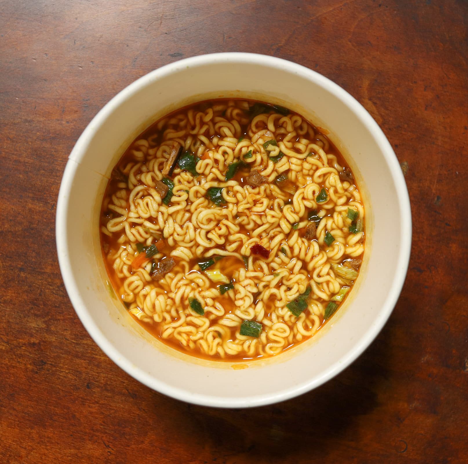 A bowl of spicy Korean instant ramen noodles