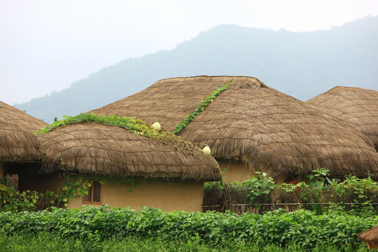 Thatched and tiled houses along a riverside path in Andong Hahoe Folk Village
