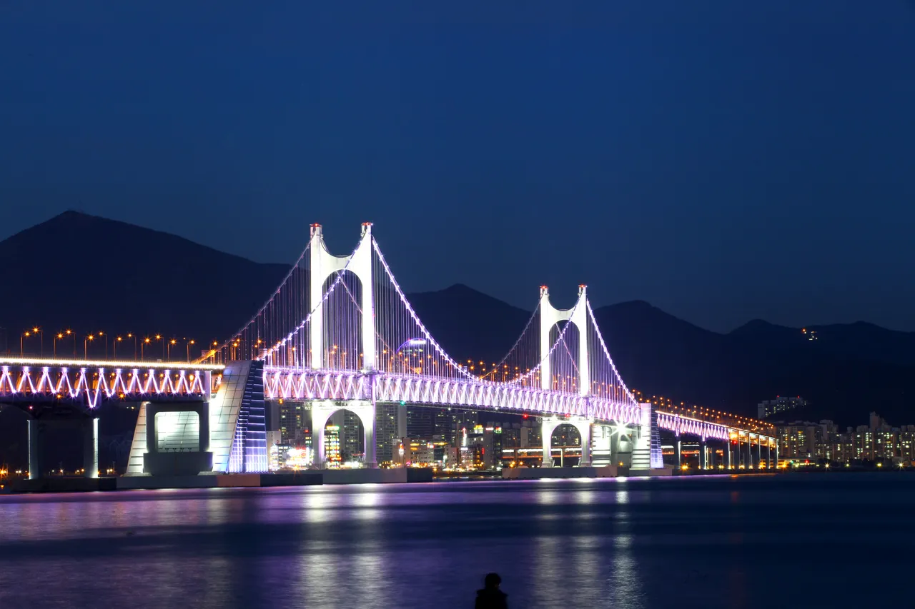 Gwangan Bridge lit in white and violet after dark, with dark hills behind it and its reflection on the water