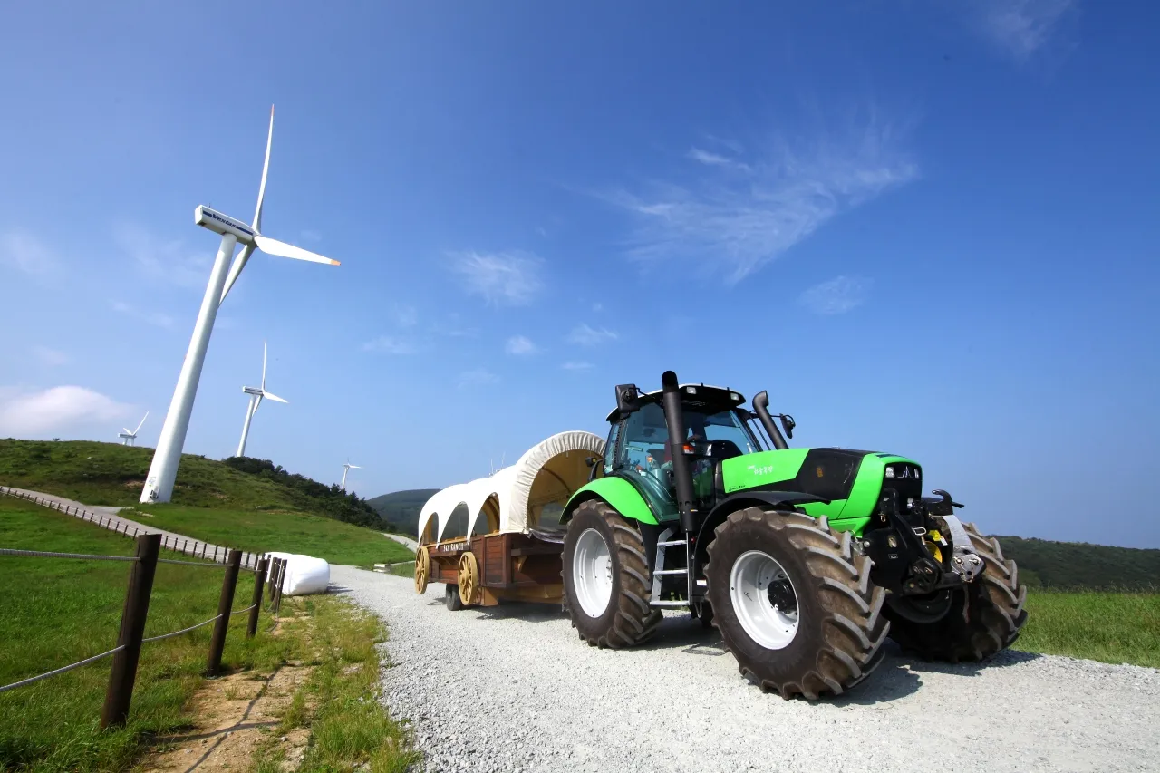 Rolling grassland at Daegwallyeong Sky Ranch with white wind turbines on the ridgeline under a clear sky