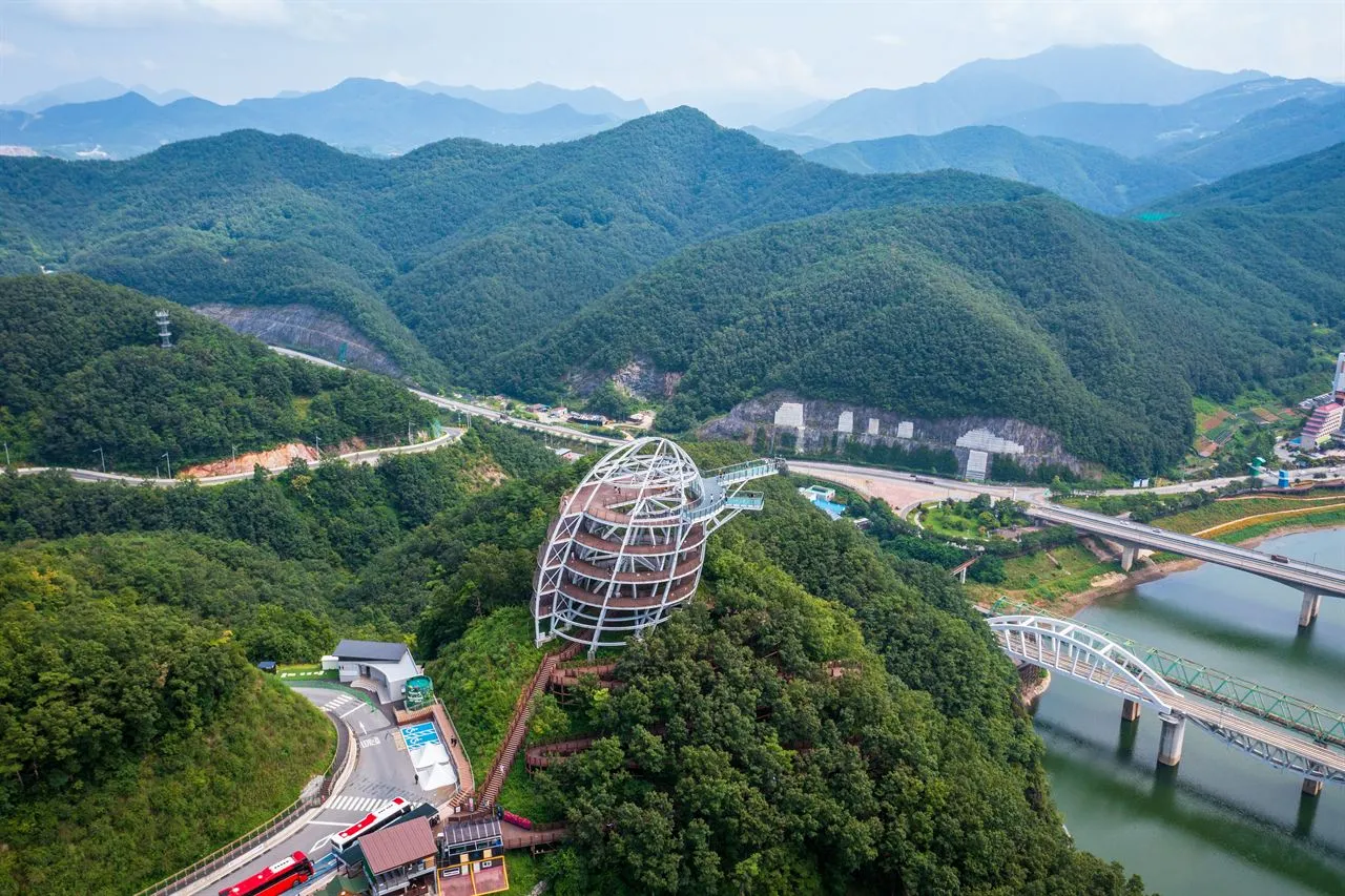 Mancheonha Skywalk observatory above the Namhangang River in Danyang