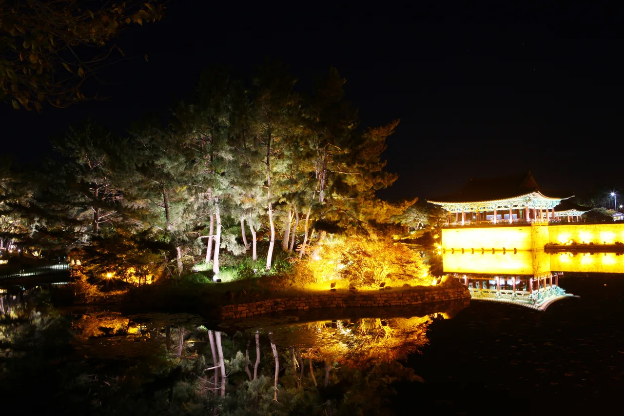 Illuminated pavilion and trees beside Wolji Pond at Donggung in Gyeongju
