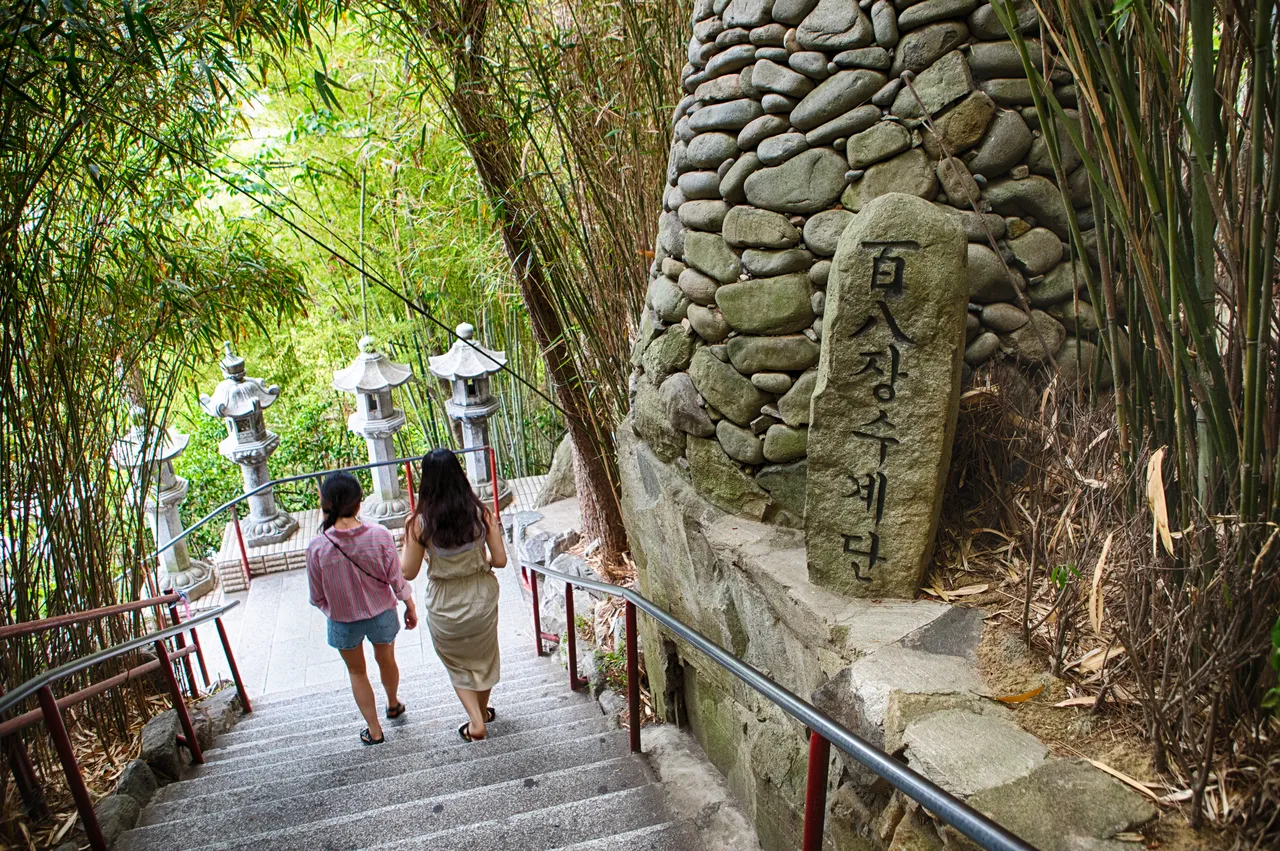 Two visitors seen from behind walking down a stone stairway lined with stone lanterns and bamboo