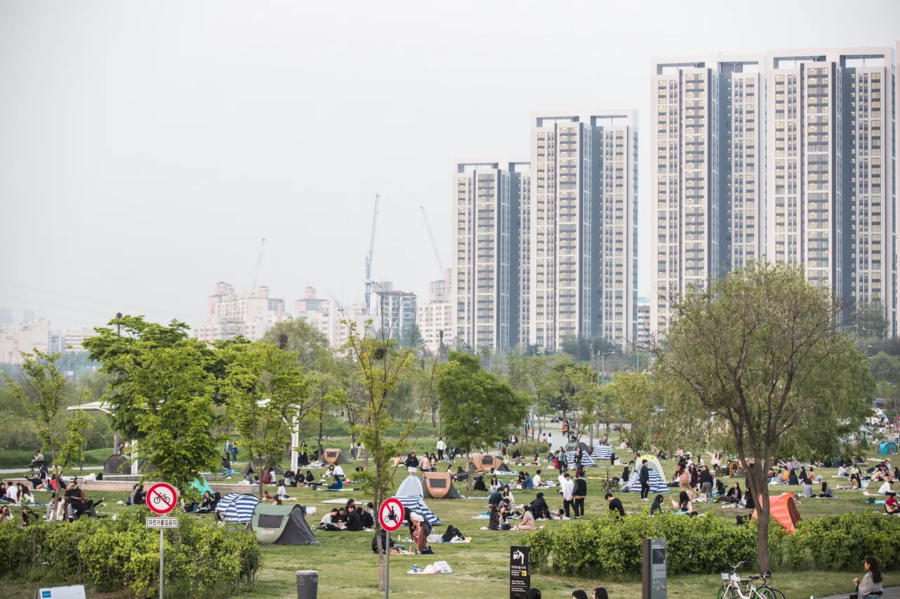 People relaxing on the grass at Banpo Han River Park with riverside towers behind