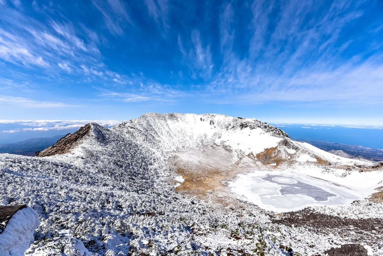 Snow-filled Baengnokdam crater at the summit of Hallasan in winter