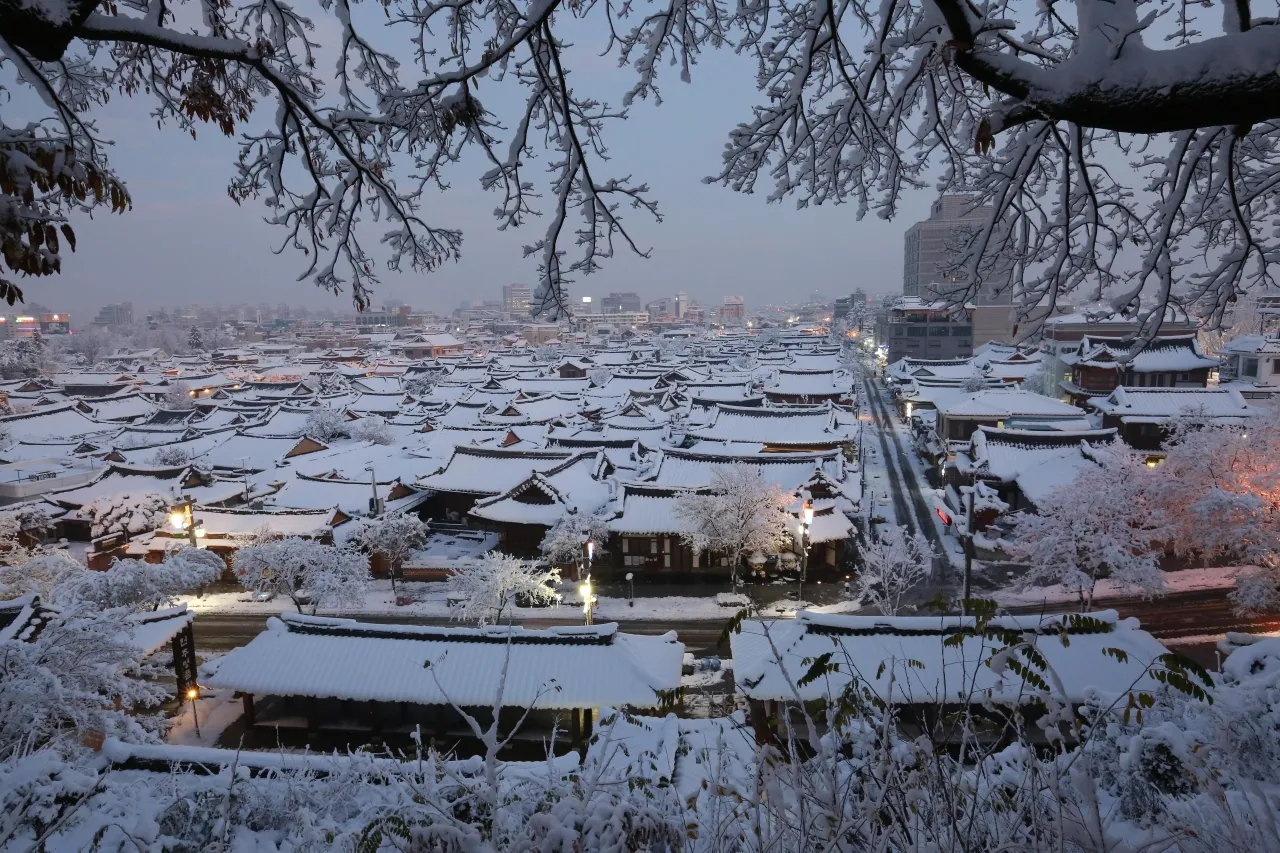 Snow-covered tiled rooftops of Jeonju Hanok Village seen from a viewpoint above