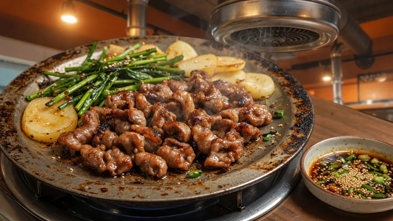Conceptual illustration of grilled beef gopchang on a Korean tabletop iron plate with chives and potato