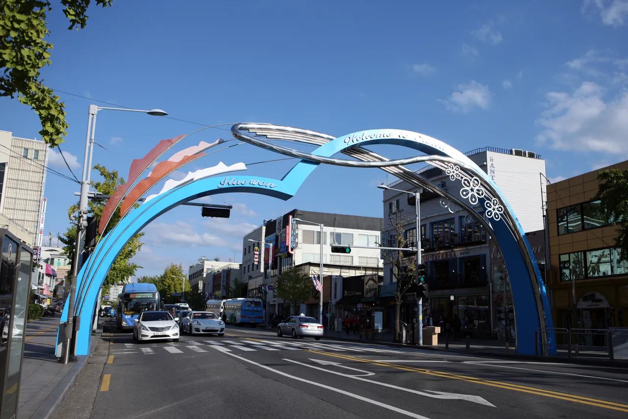 The "Welcome to Itaewon" arch over the main street of the Itaewon district, Seoul