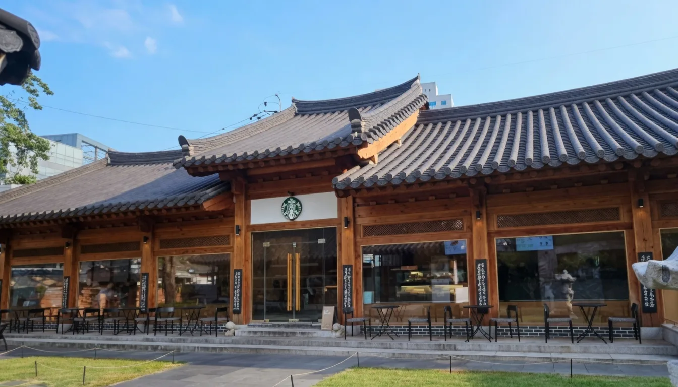 Theater-style seating facing the counter inside Starbucks Gyeongdong 1960