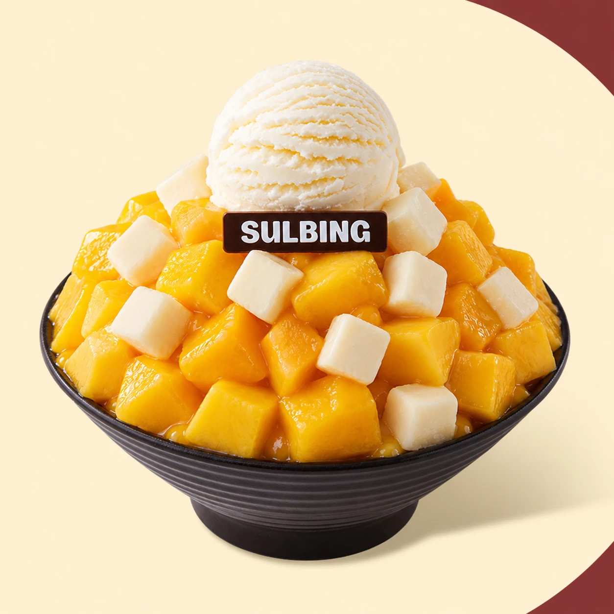 Apple mango cheese style sulbing with mango pieces, cheese cubes, and ice cream on milk-snow ice